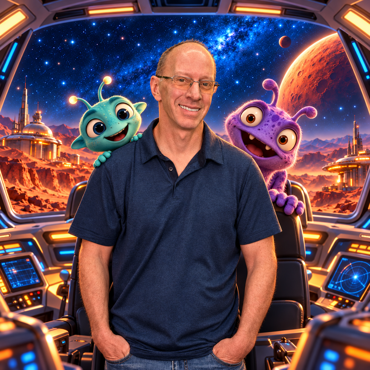Jeff Lampo with two playful aliens in a spaceship
